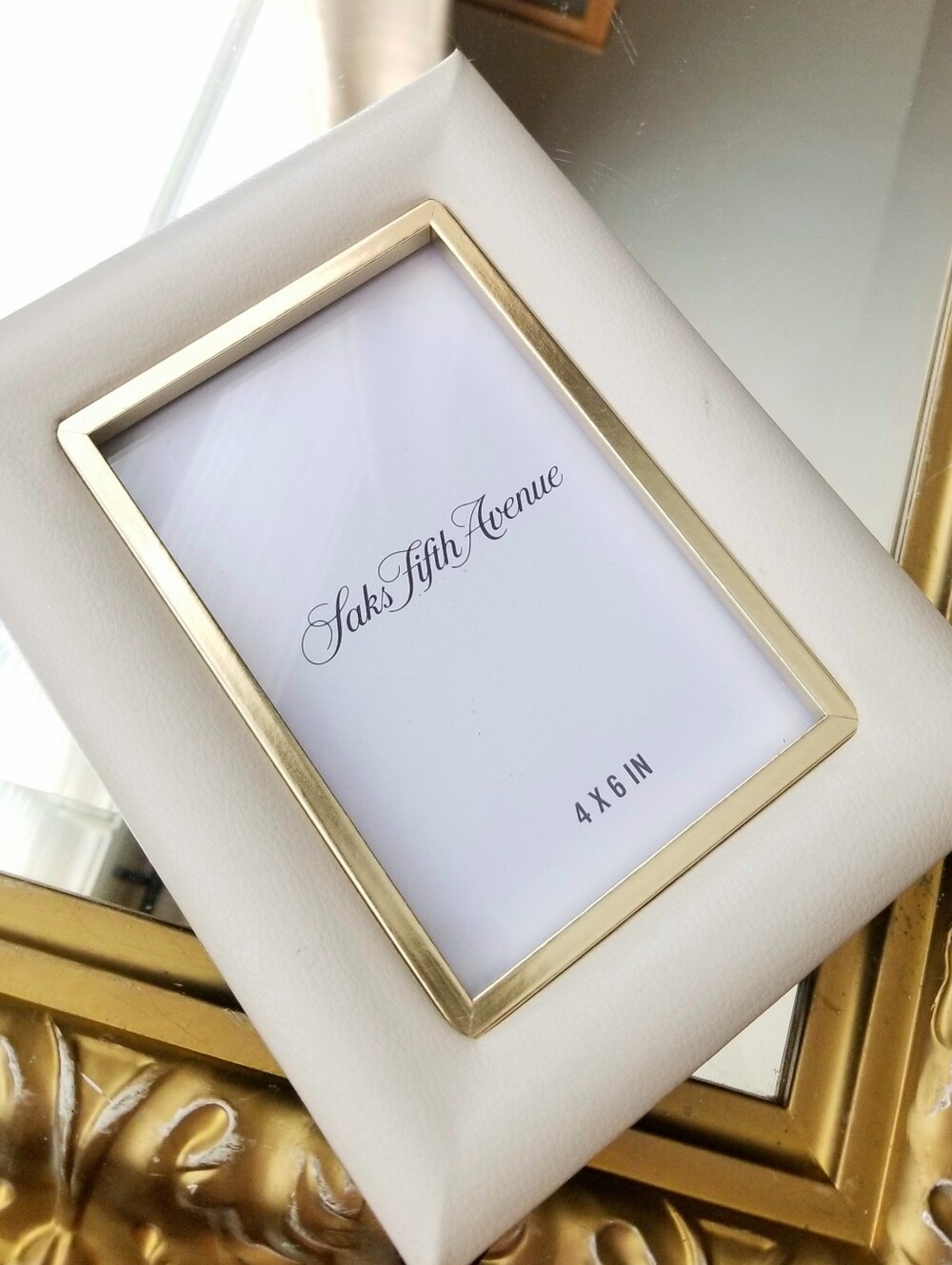 ❗Vintage Saks Fifth Avenue Cream Leather Trim Picture Frame with Gold Detailing❗